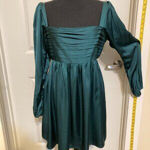 ABERCROMBIE & FITCH Emerson Long Sleeve Mini Dress Satin Emerald Green